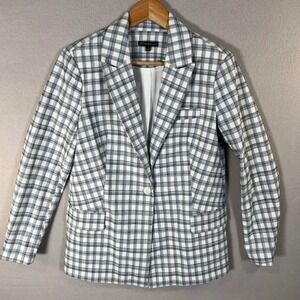 Adrianna Papell Plaid One Button Blazer White Blue Woven Tailored Jacket Small